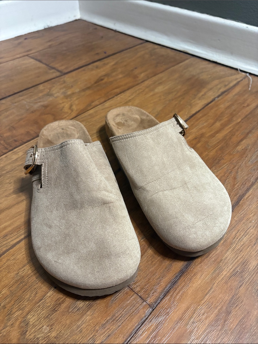 Time and Tru Taupe Suede Buckle Clog Mules